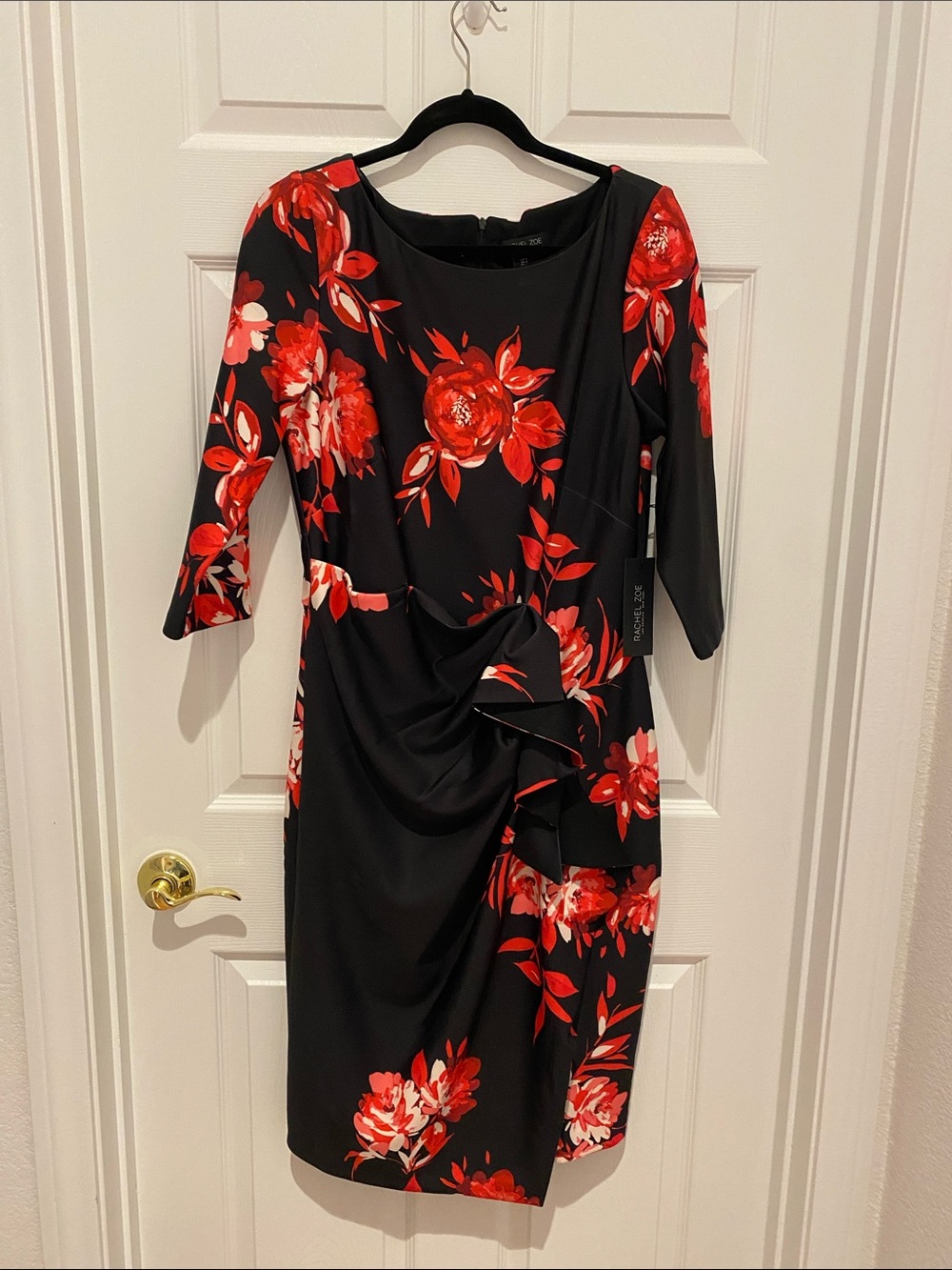 Rachel Zoe Black Dress with Red Floral Print and Side Draping